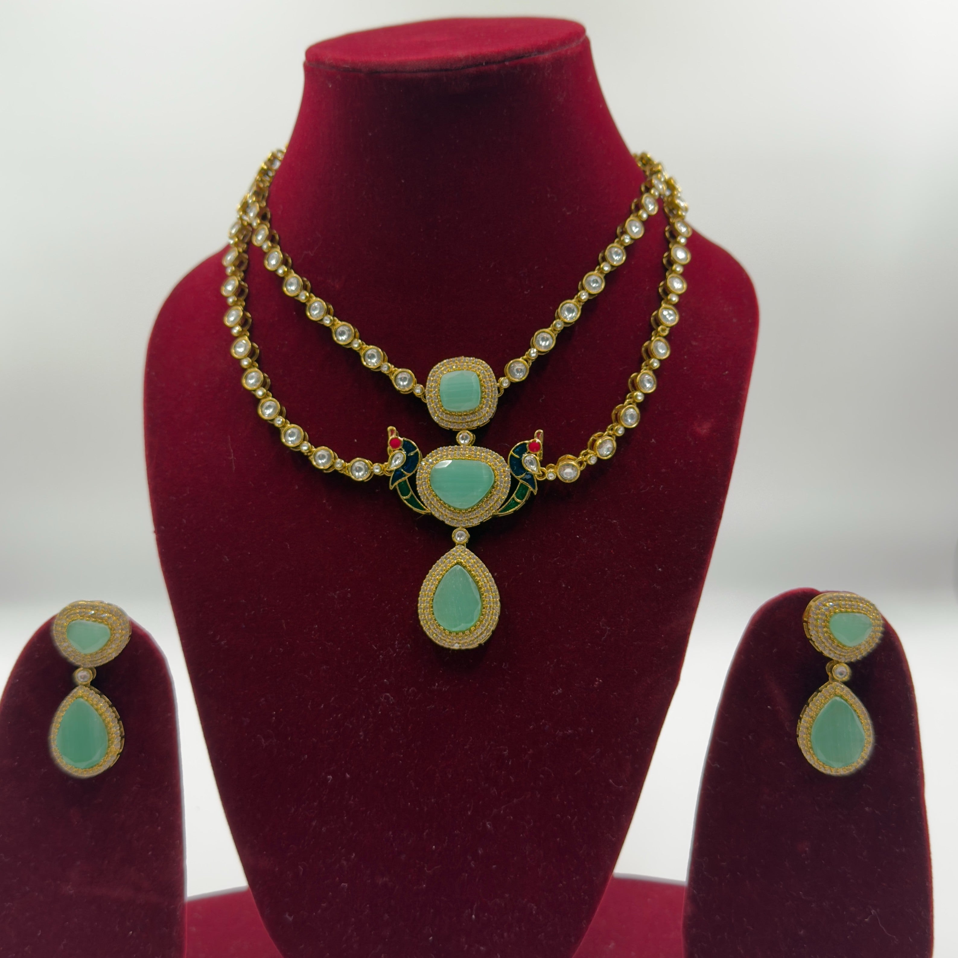 Mayura Mint Stone Double-Layer Kundan Necklace